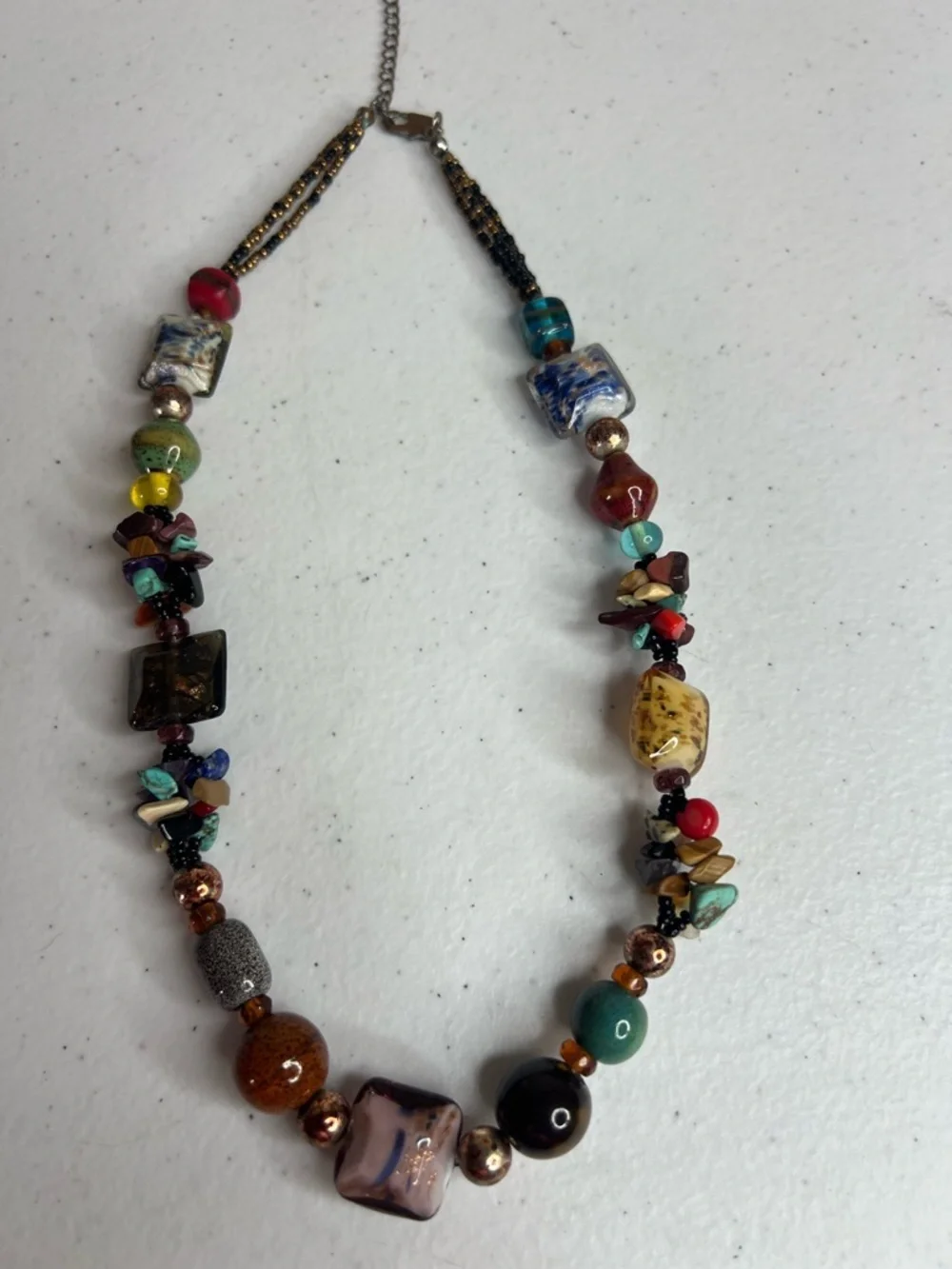 multicolor glass Ceramic bronze decorated bead boho necklace Chunky mix rock - Picture 2 of 5